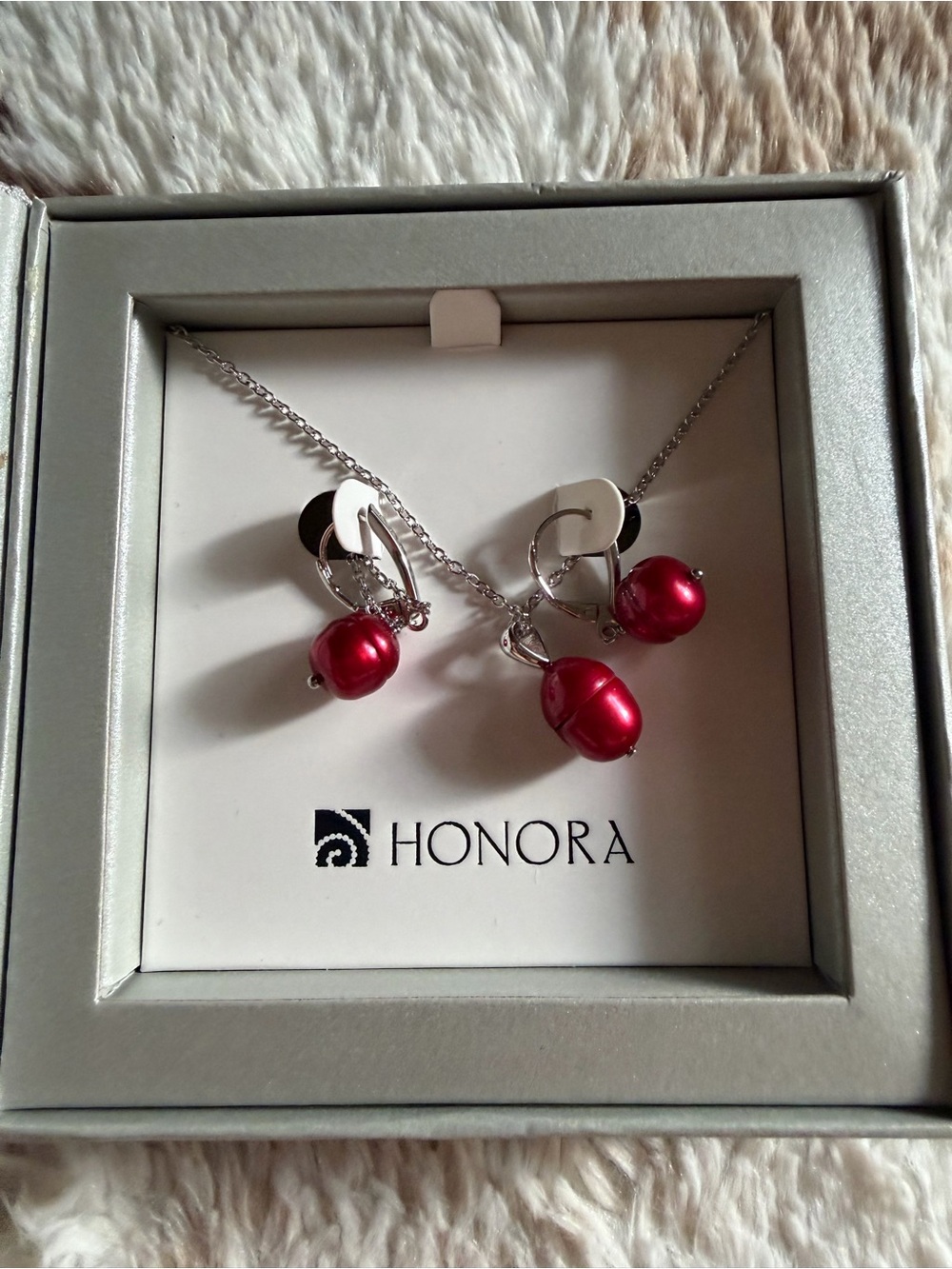 Honora Red Pearl Drop Necklace and Earrings Set in Silver Tone